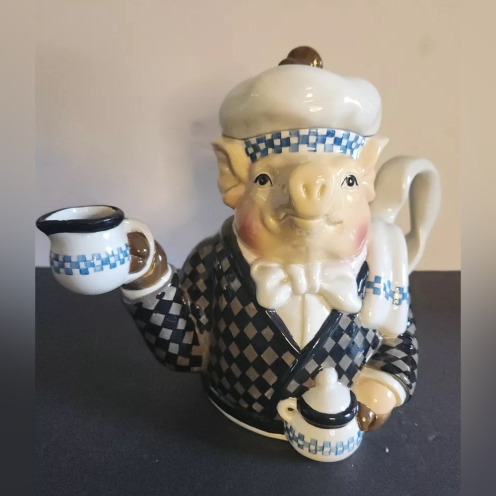Vintage Department 56 JAM BON Pig Teapot Checkered Sweater Bowtie Scarf